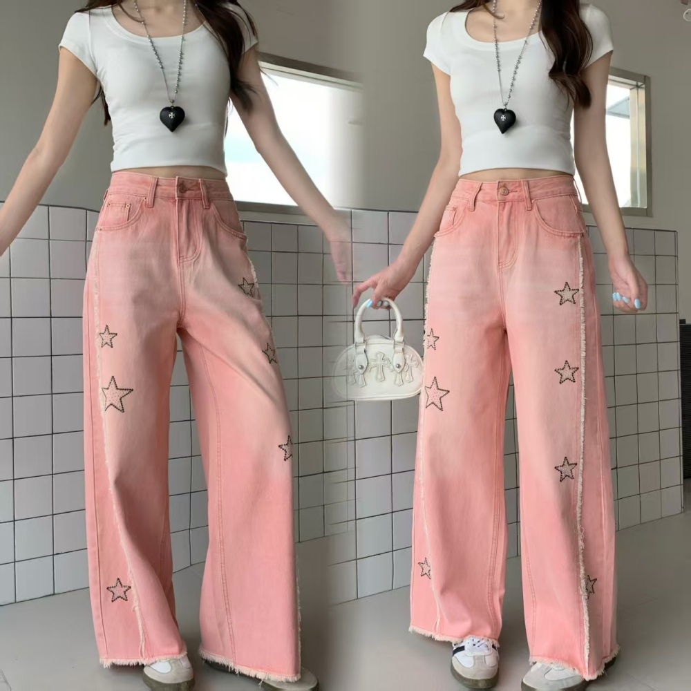 Wide leg stars jeans loose pink long pants for women