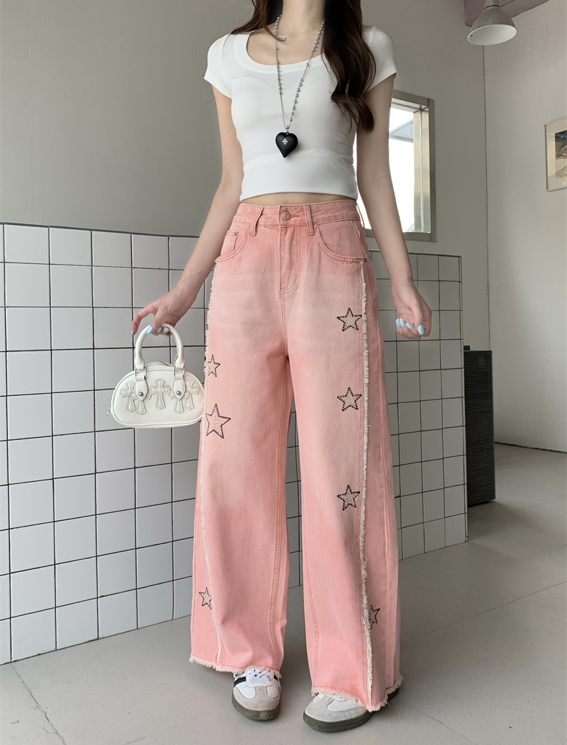 Wide leg stars jeans loose pink long pants for women
