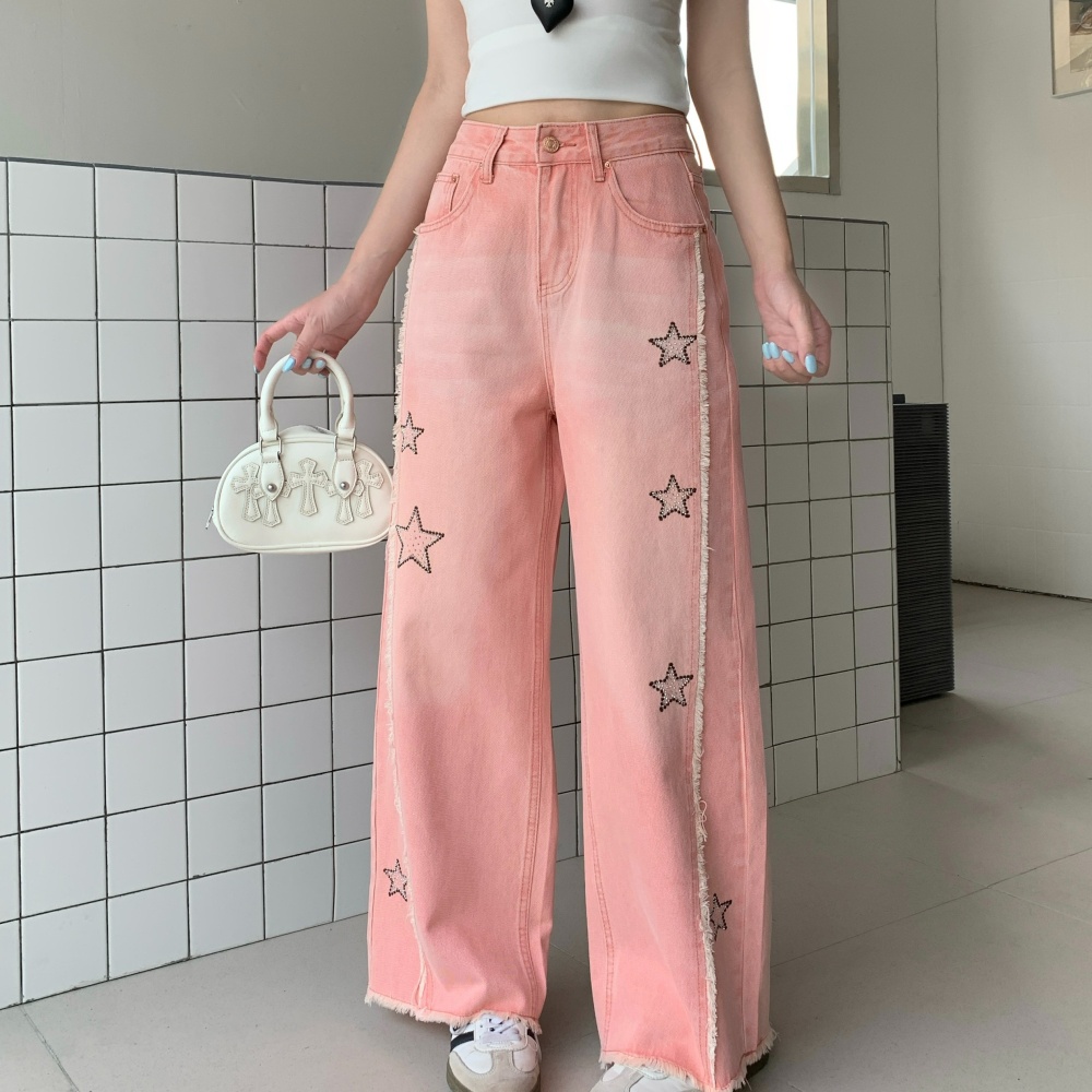Wide leg stars jeans loose pink long pants for women
