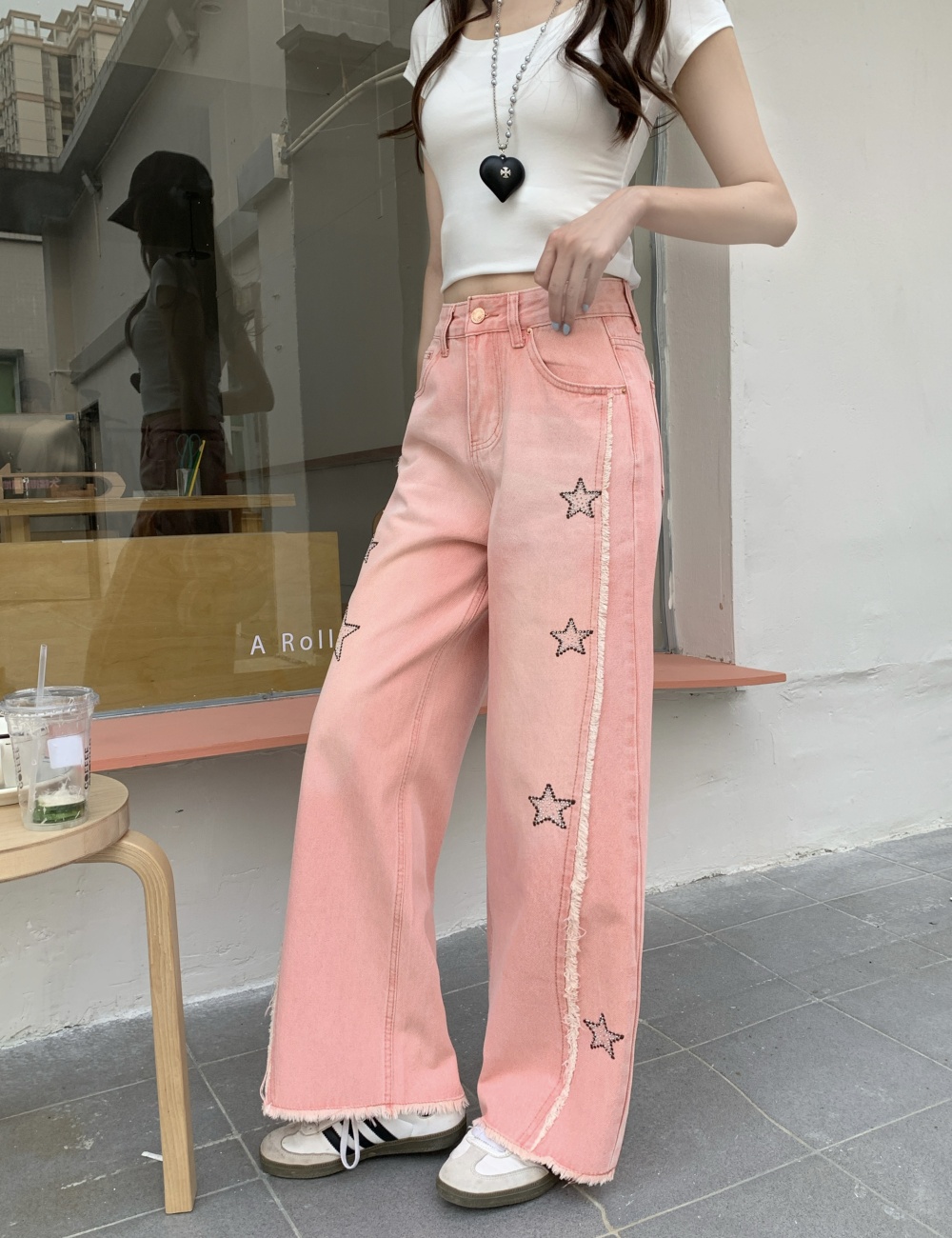 Wide leg stars jeans loose pink long pants for women