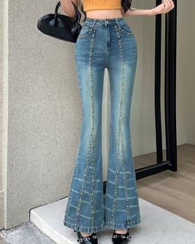 Elasticity all-match long pants rivet retro jeans for women