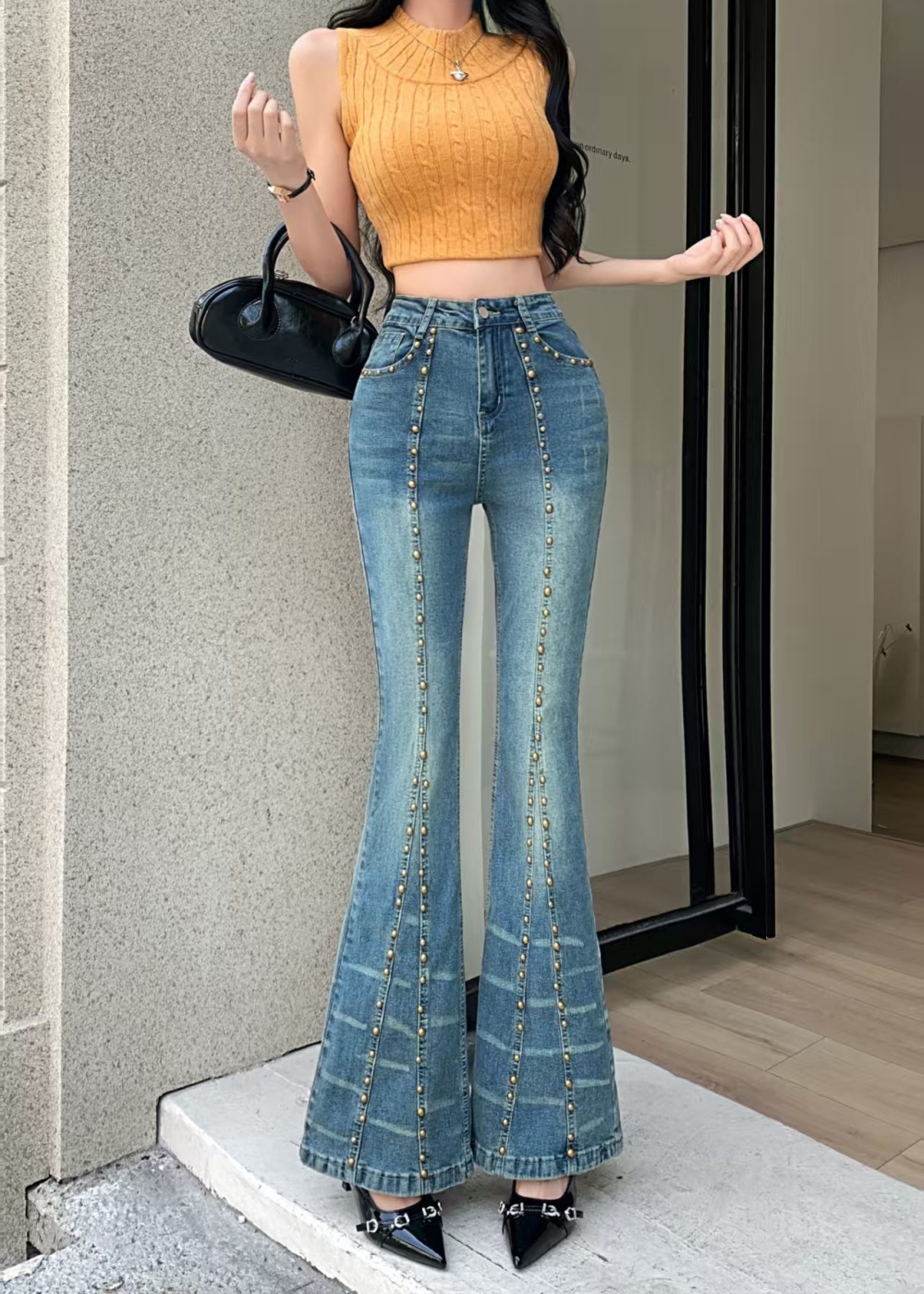 Elasticity all-match long pants rivet retro jeans for women
