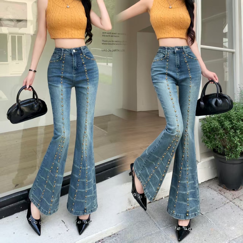 Elasticity all-match long pants rivet retro jeans for women