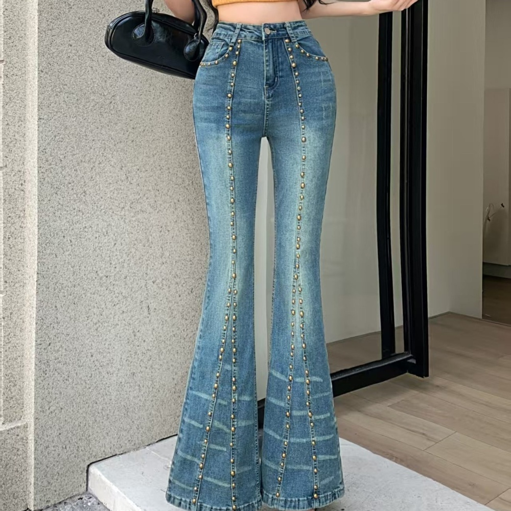 Elasticity all-match long pants rivet retro jeans for women