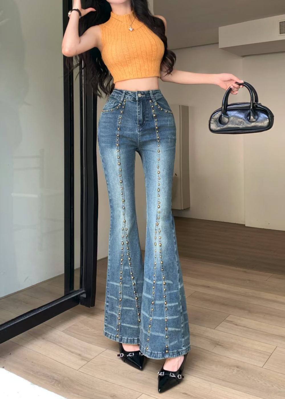 Elasticity all-match long pants rivet retro jeans for women
