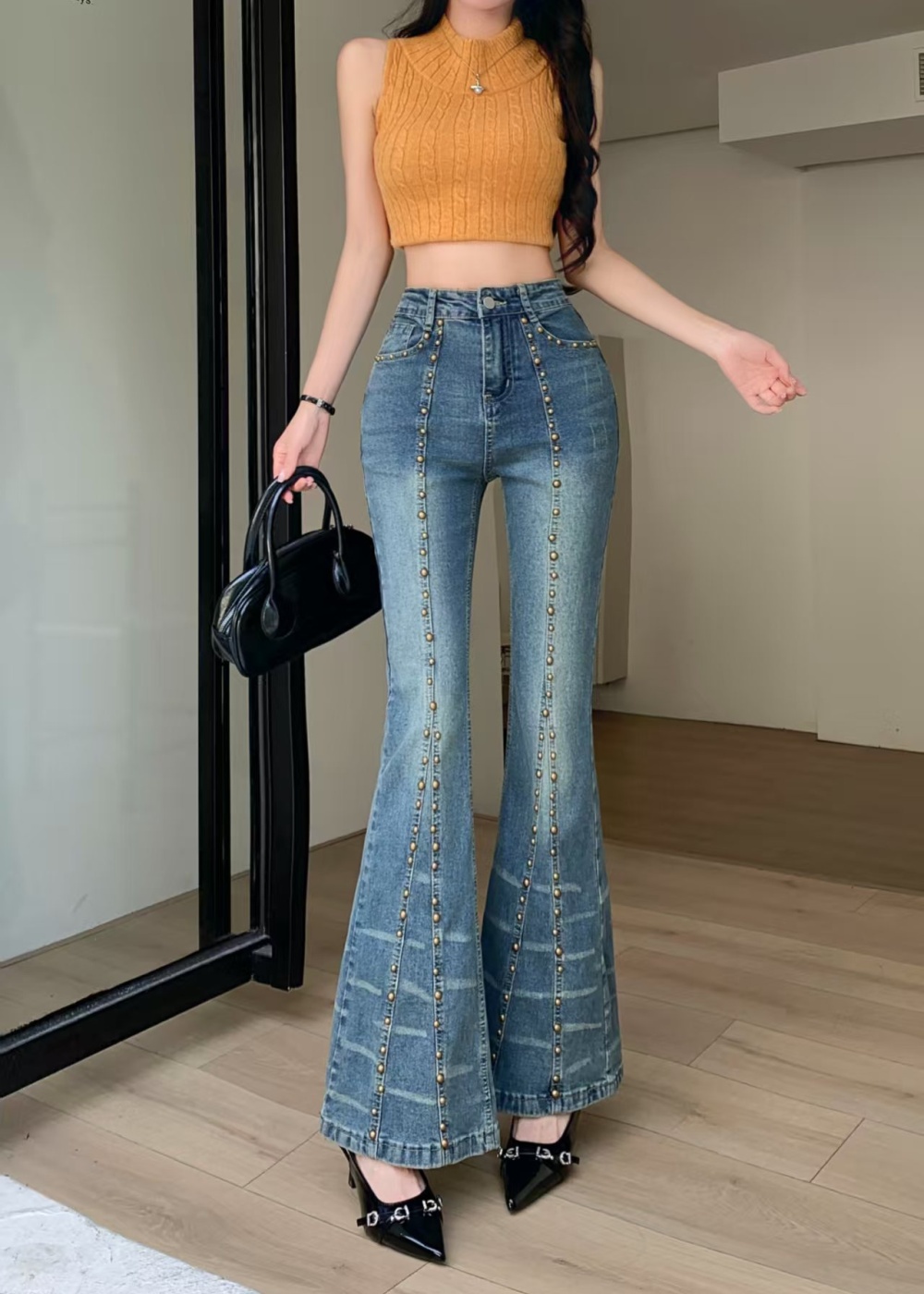 Elasticity all-match long pants rivet retro jeans for women