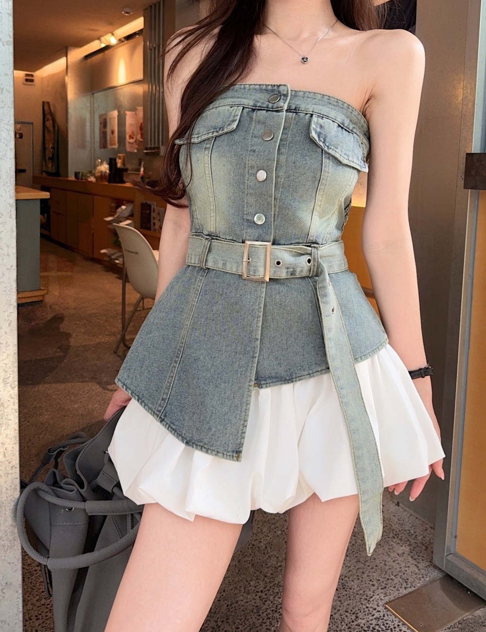 Temperament irregular pinched waist denim vest