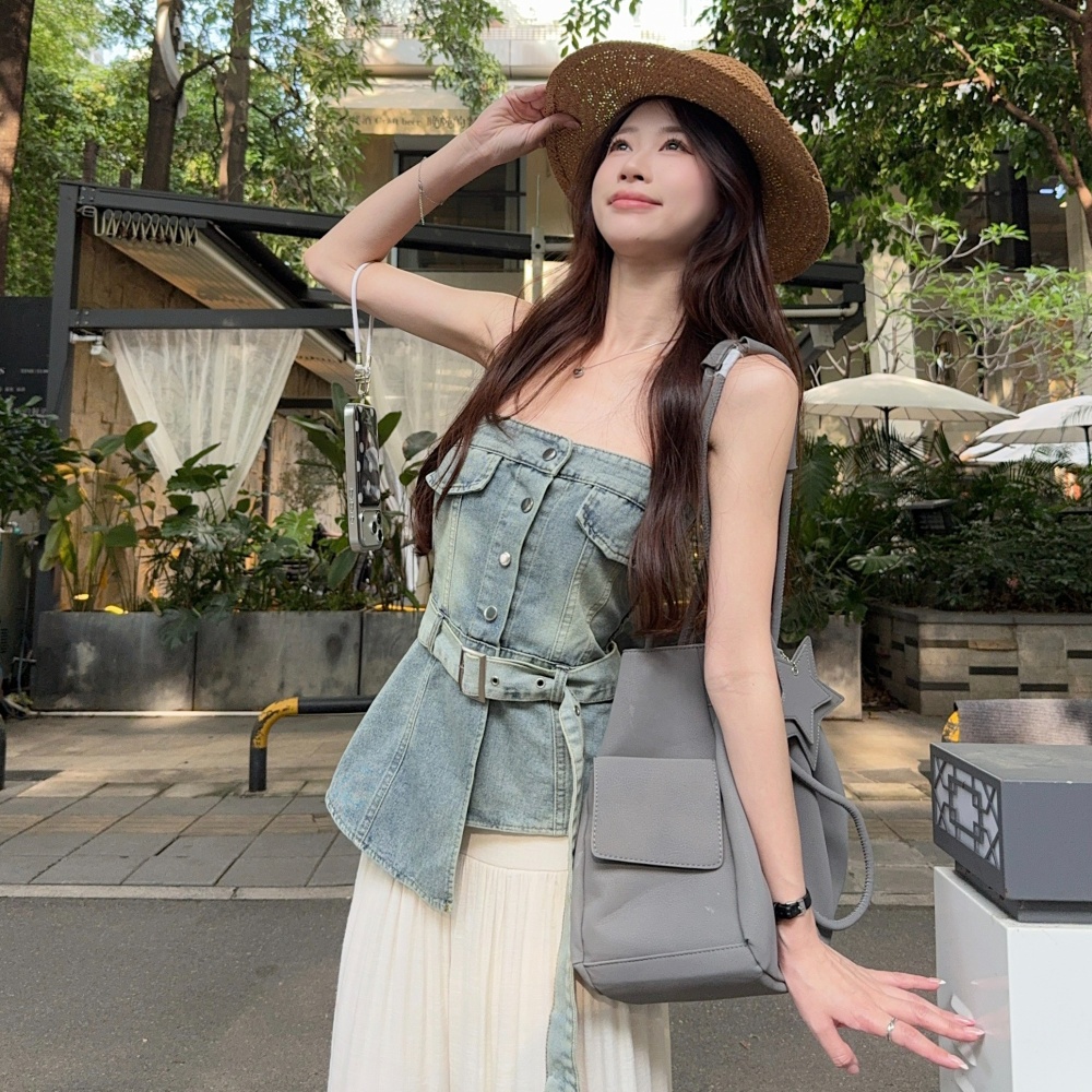 Temperament irregular pinched waist denim vest