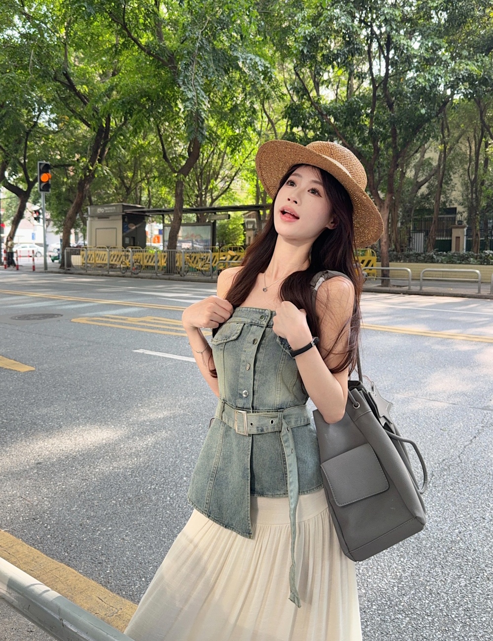Temperament irregular pinched waist denim vest