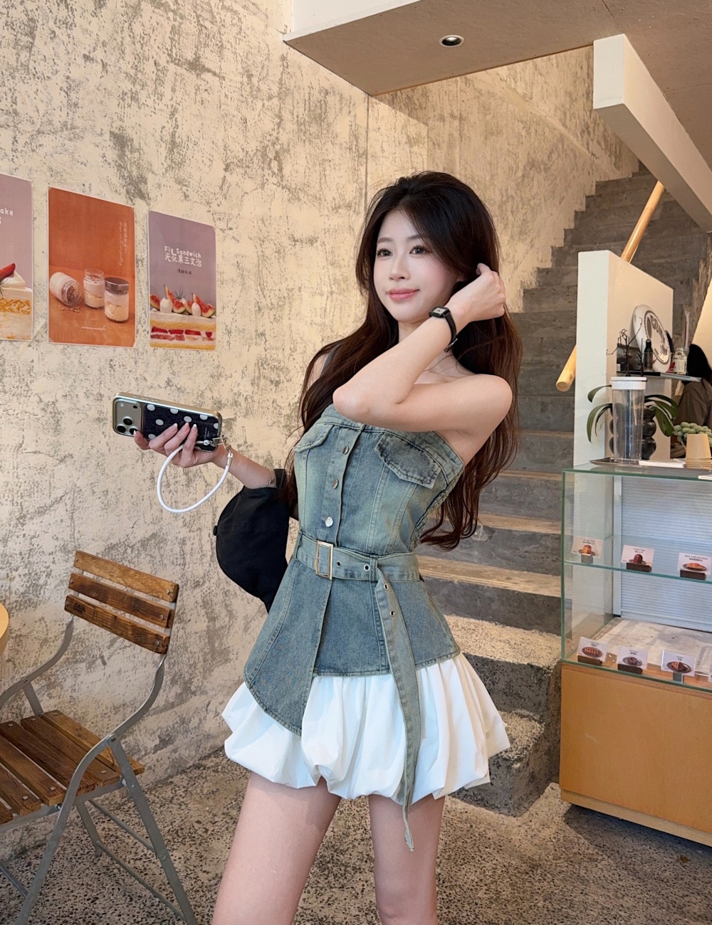 Temperament irregular pinched waist denim vest