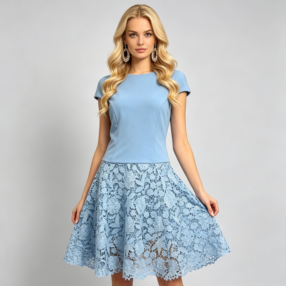 Round neck lace summer slim splice A-line dress