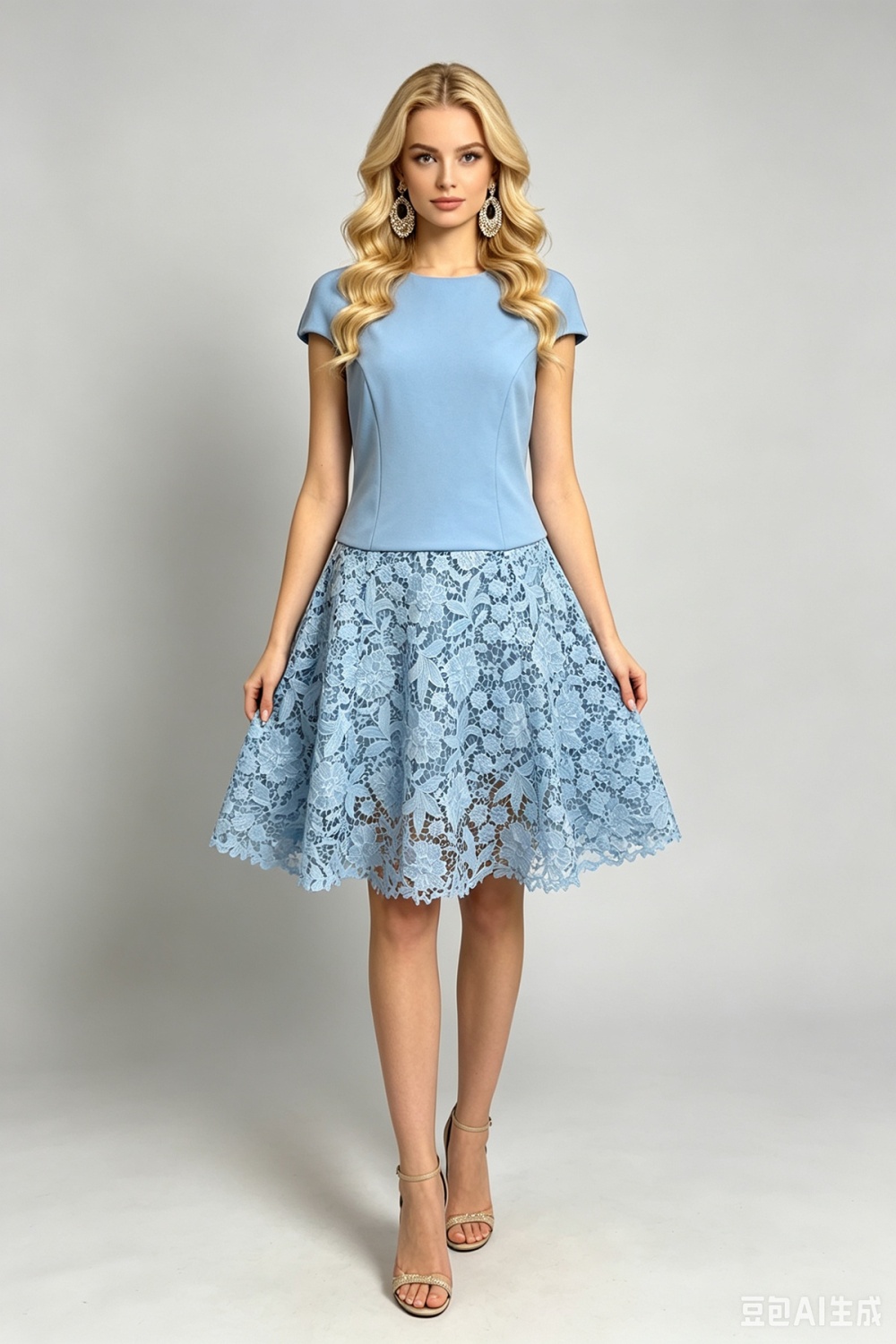 Round neck lace summer slim splice A-line dress