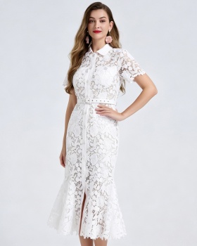 Package hip mermaid shirt collar slim high waist dress