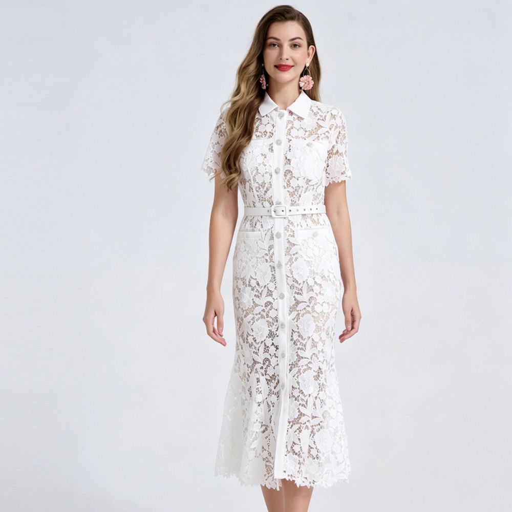 Package hip mermaid shirt collar slim high waist dress