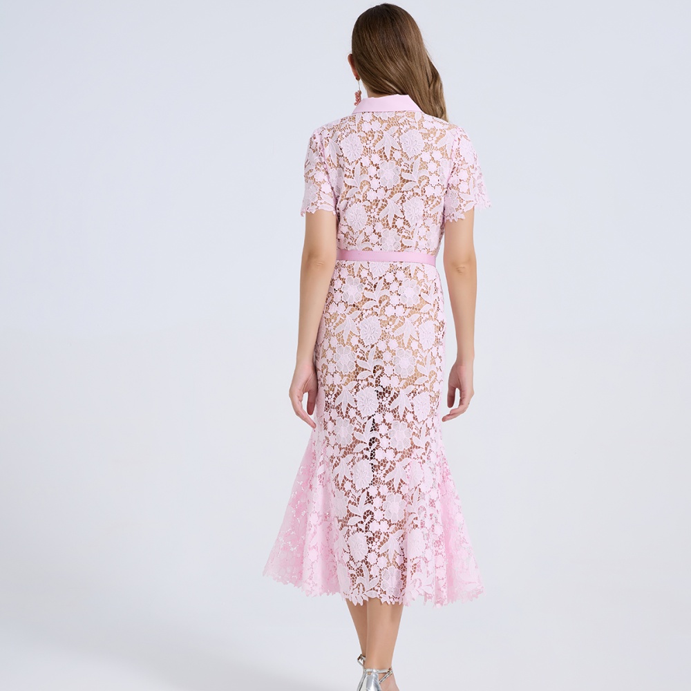Package hip mermaid shirt collar slim high waist dress
