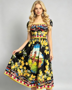 Square collar A-line slim sling flowers big skirt dress