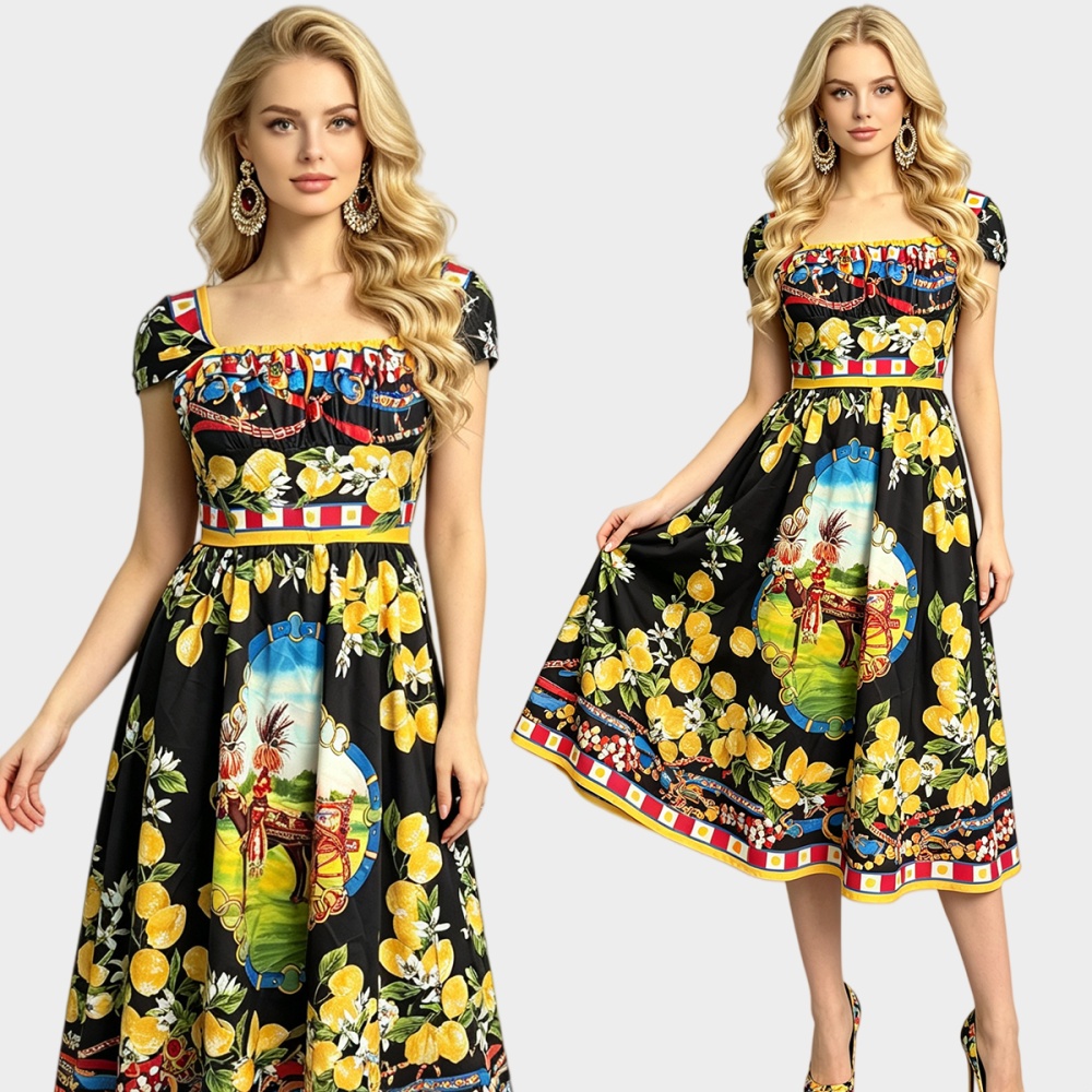 Square collar A-line slim sling flowers big skirt dress