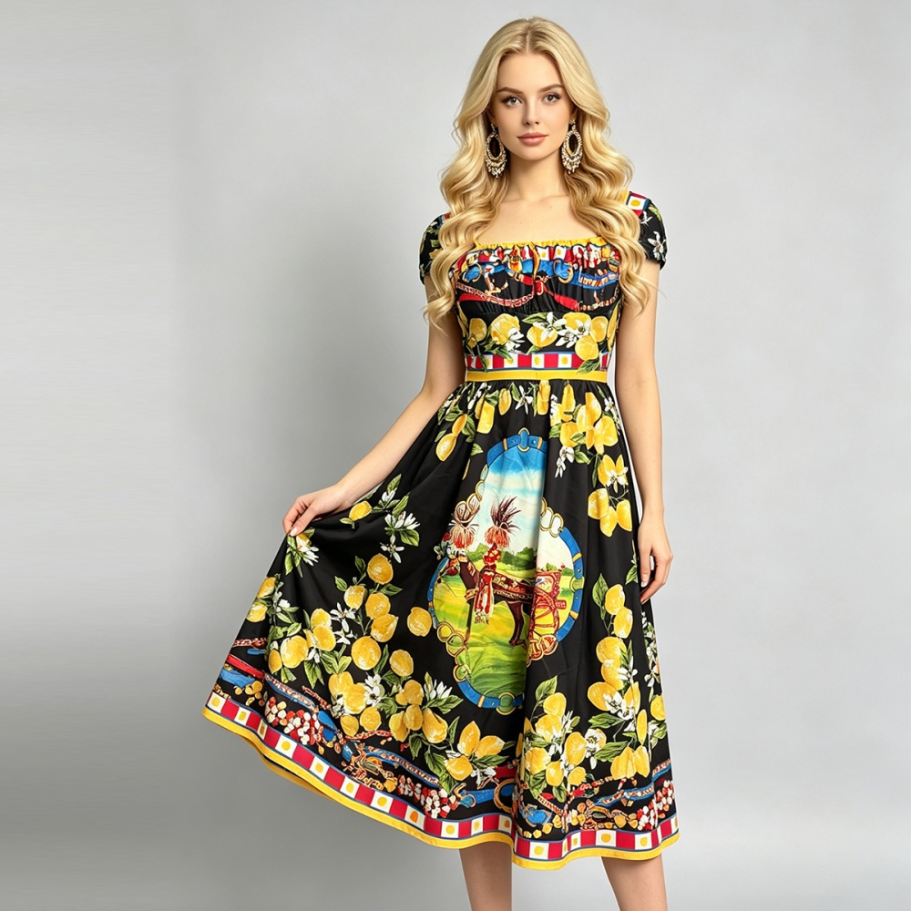 Square collar A-line slim sling flowers big skirt dress