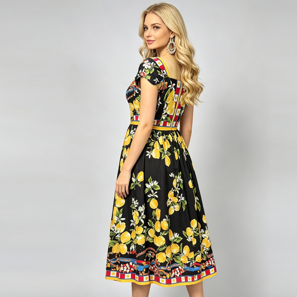Square collar A-line slim sling flowers big skirt dress