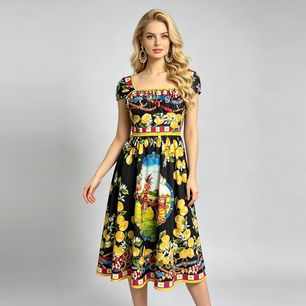 Square collar A-line slim sling flowers big skirt dress