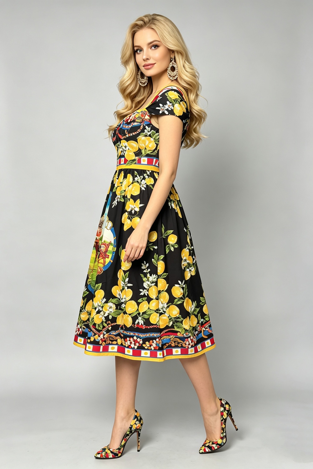 Square collar A-line slim sling flowers big skirt dress