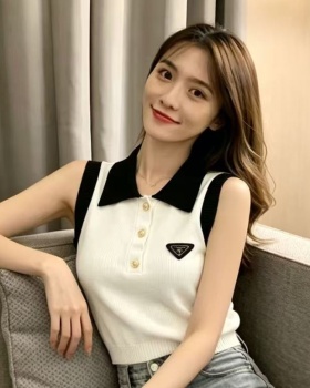 Knitted lapel shirts mixed colors France style tops