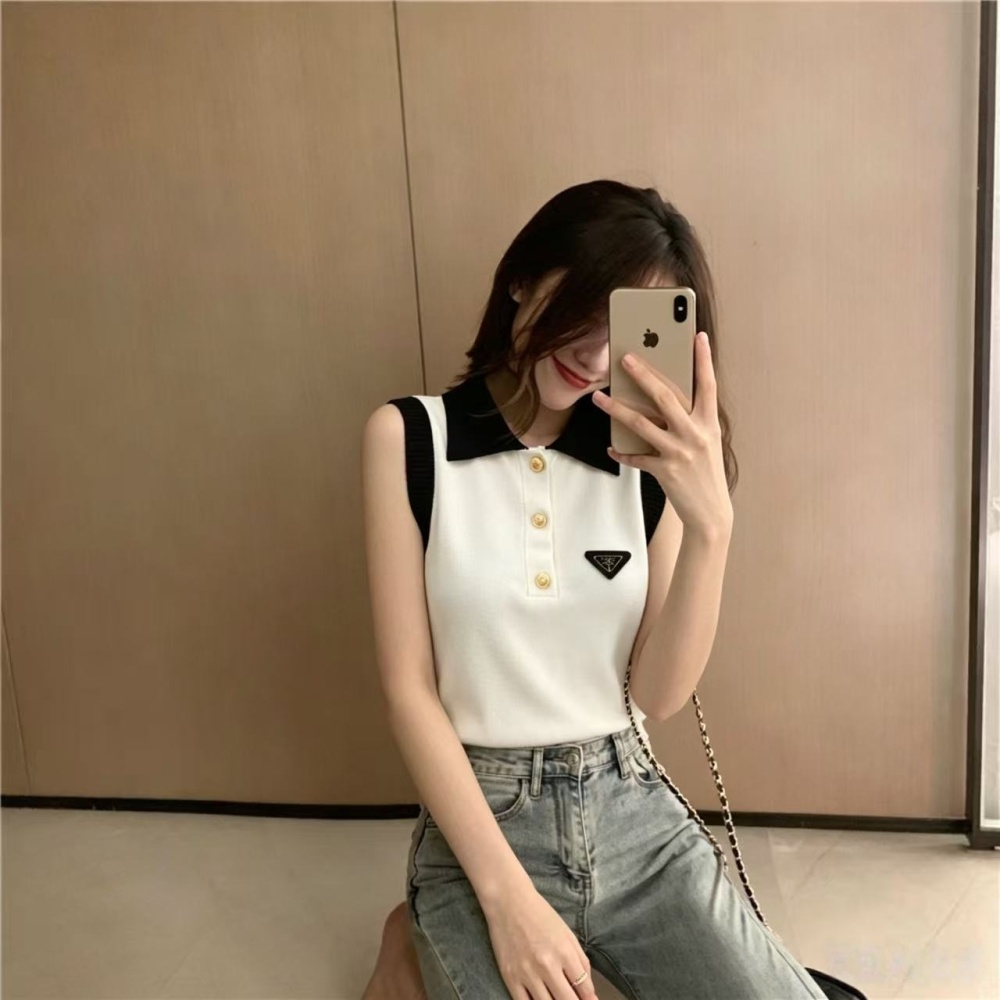 Knitted lapel shirts mixed colors France style tops