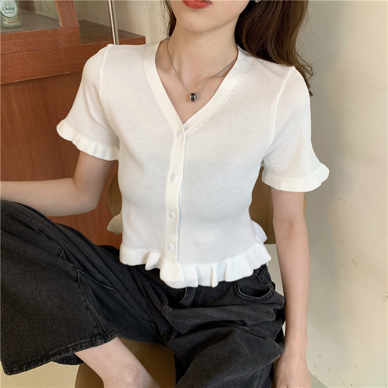 Short lace summer V-neck all-match short sleeve knitted cardigan