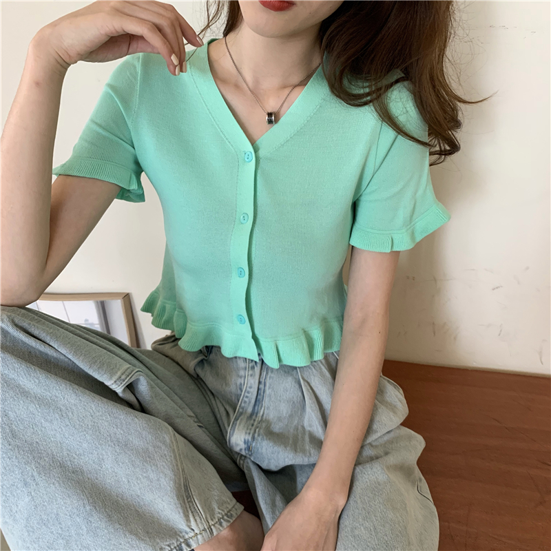 Short lace summer V-neck all-match short sleeve knitted cardigan
