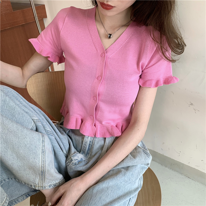 Short lace summer V-neck all-match short sleeve knitted cardigan