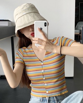 Short sleeve short slim navel stripe show young T-shirt