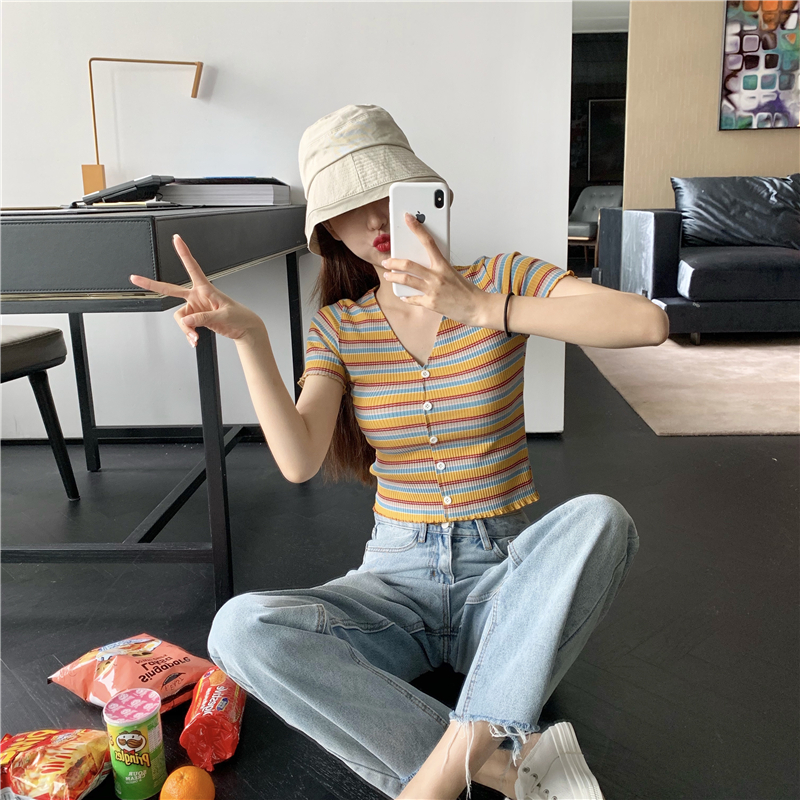 Short sleeve short slim navel stripe show young T-shirt