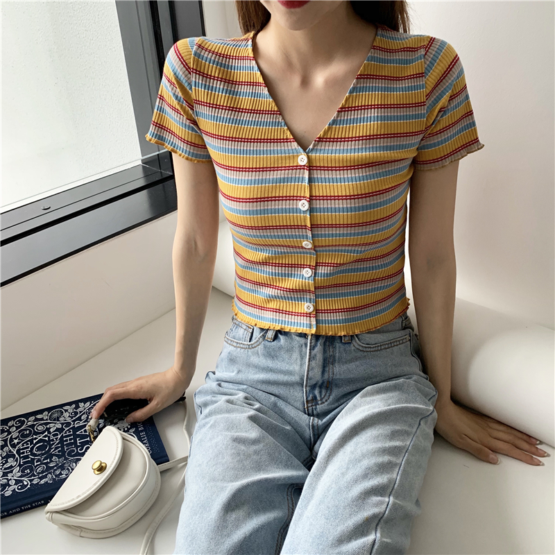 Short sleeve short slim navel stripe show young T-shirt