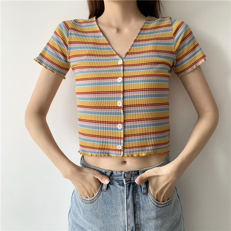 Short sleeve short slim navel stripe show young T-shirt