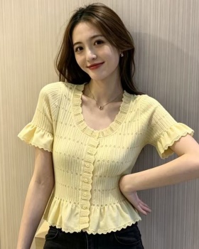 Hollow lace short sleeve lotus sleeve France style tops