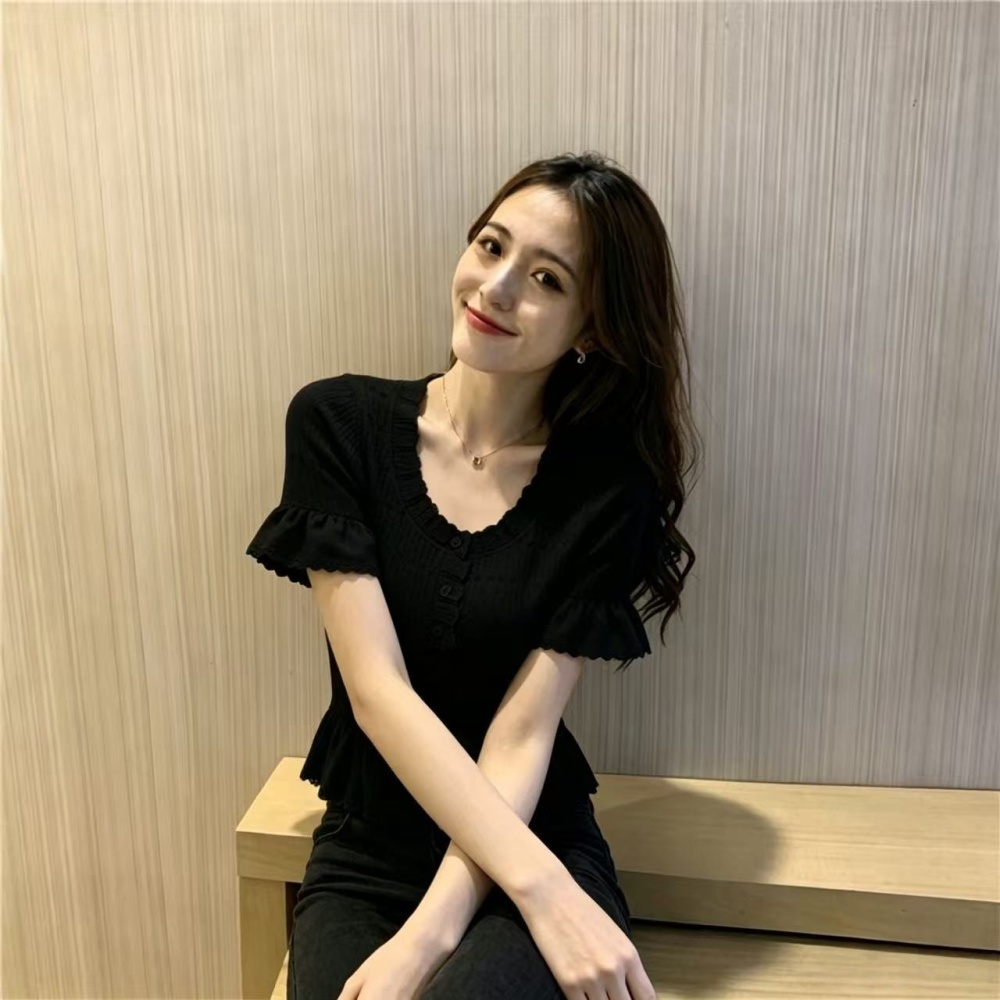 Hollow lace short sleeve lotus sleeve France style tops