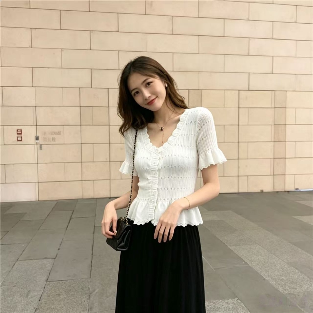 Hollow lace short sleeve lotus sleeve France style tops