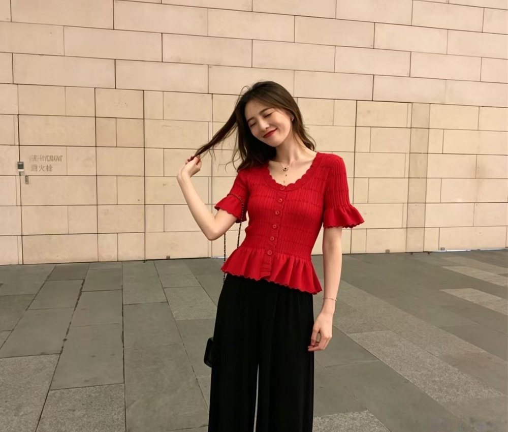 Hollow lace short sleeve lotus sleeve France style tops