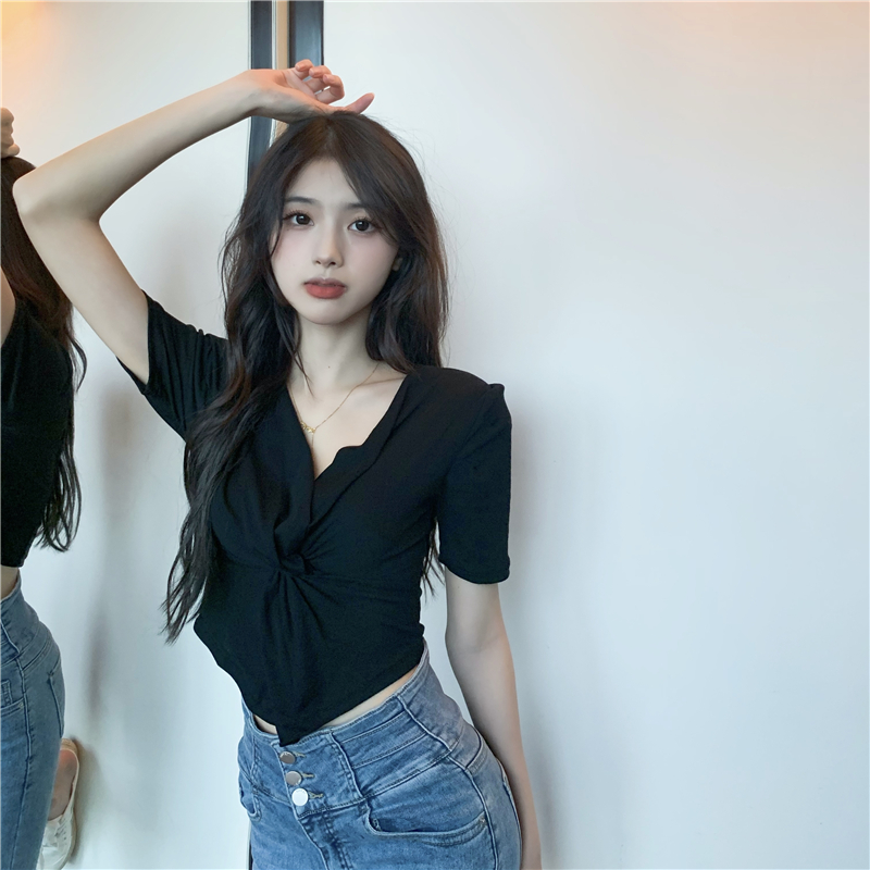 Cross all-match fold short summer V-neck short sleeve tops