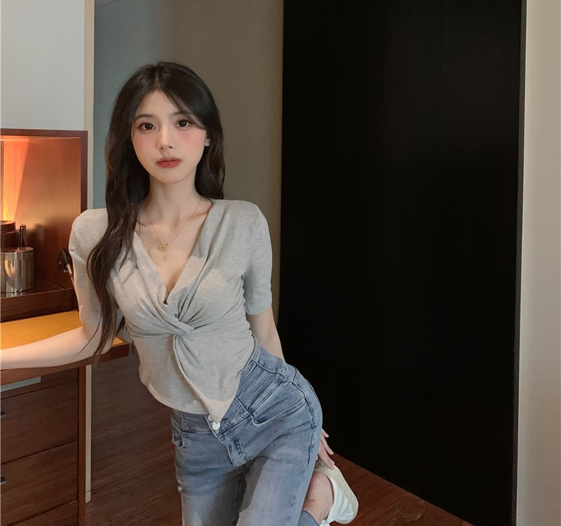 Cross all-match fold short summer V-neck short sleeve tops
