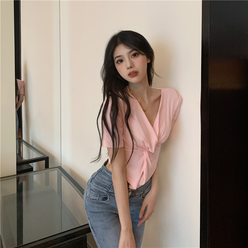 Cross all-match fold short summer V-neck short sleeve tops