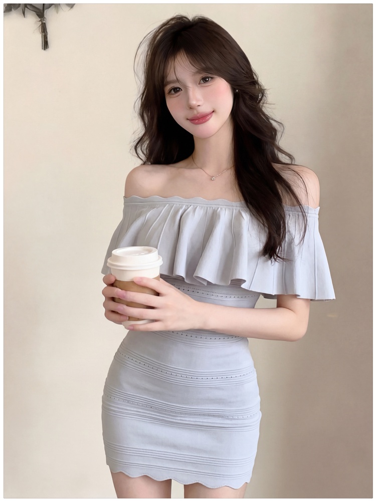 Knitted dress lotus leaf edges T-back for women