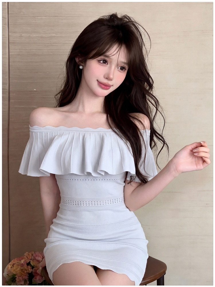 Knitted dress lotus leaf edges T-back for women