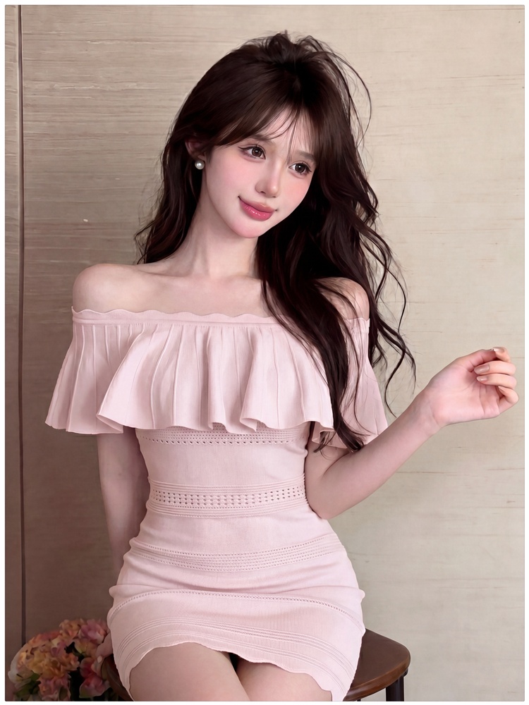 Knitted dress lotus leaf edges T-back for women