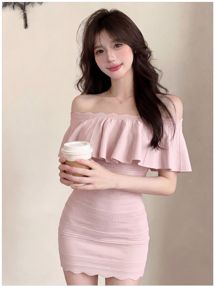 Knitted dress lotus leaf edges T-back for women