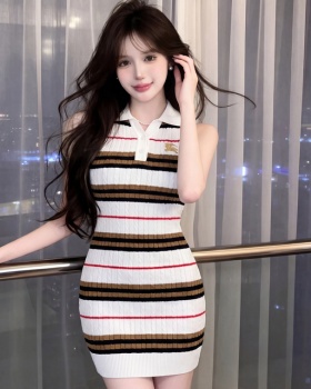 Lapel slim long dress pinched waist dress