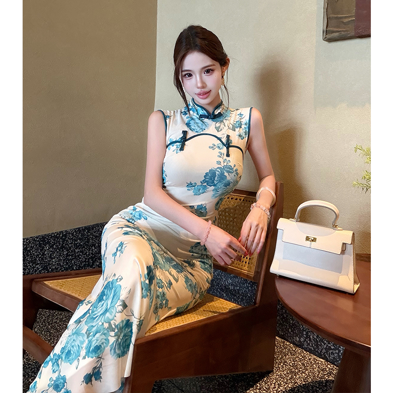 Sleeveless Chinese style dress package hip retro long dress