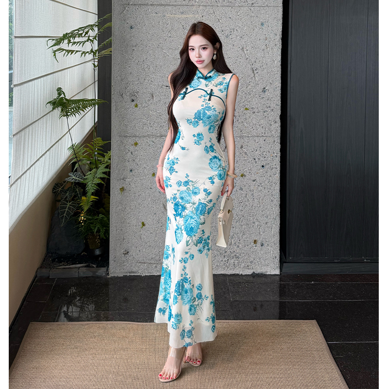 Sleeveless Chinese style dress package hip retro long dress