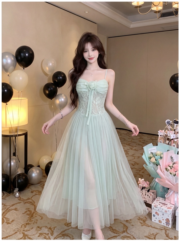 Sling big skirt long dress gauze slim dress for women