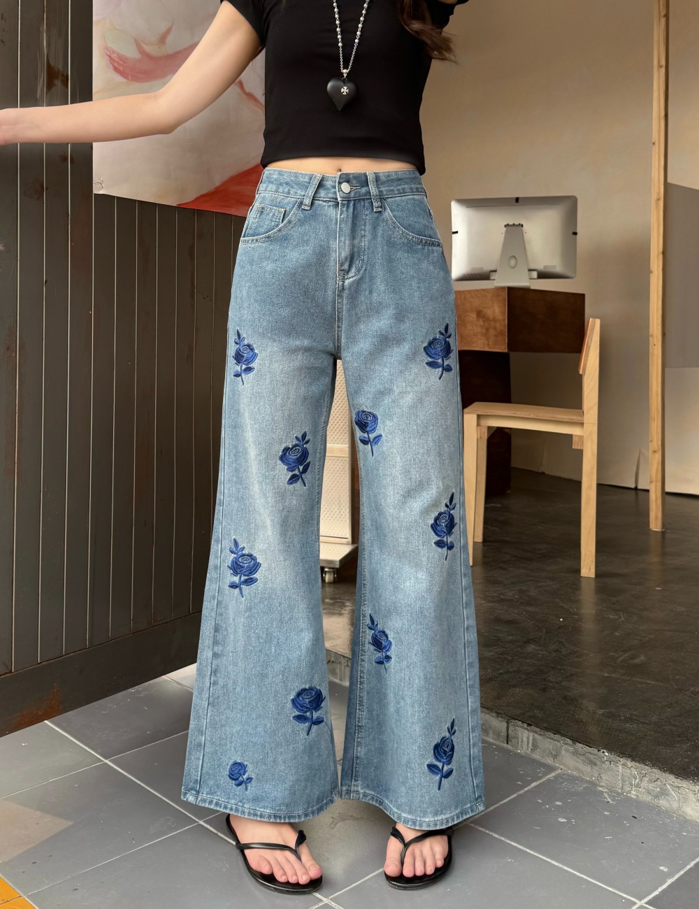 Rose high waist wide leg pants loose straight jeans for women